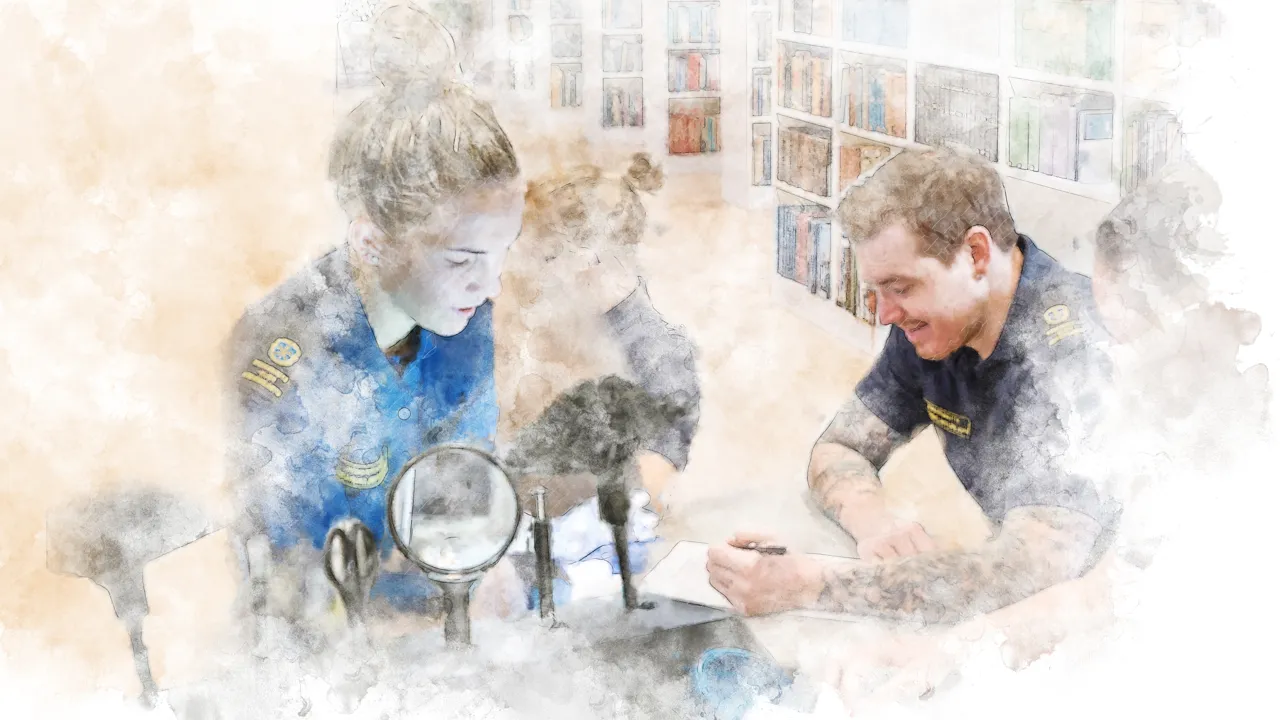 Biblioteket i bakgrunden, två polis pluggar och verktyg i förgrunden. Akvarellimitation.