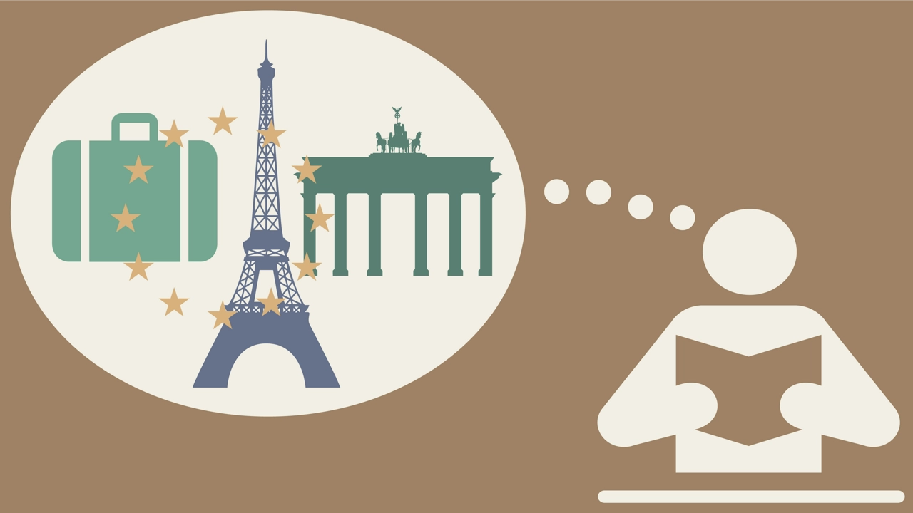 Figur som tänker på olika platser i Europa i en tankebubbla.