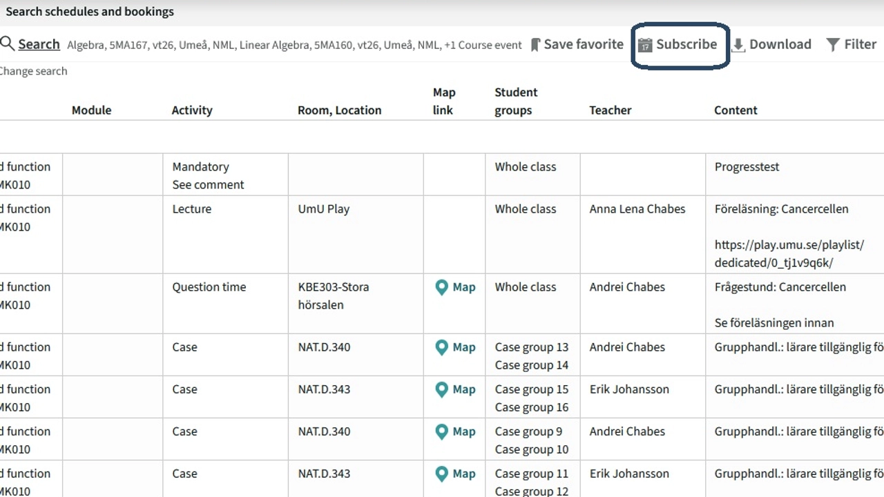 Screenshot of TimeEdit where the link to start subscribing to a schedule is marked in blue.