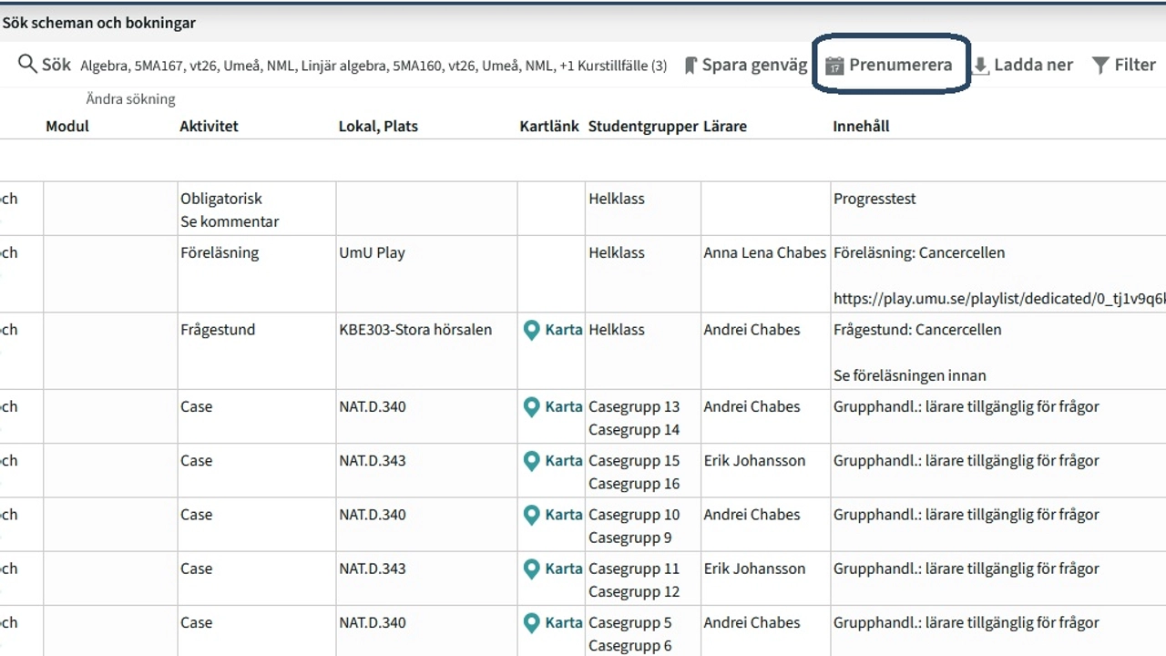 Ett utsnitt från TimeEdit där länken för att börja prenumerera på schemat är markerad med en röd ruta.