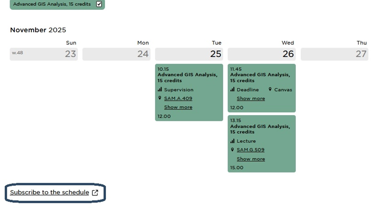 Screenshot of a schedule on the student website, where the link to start subscribing to a schedule is marked in blue.