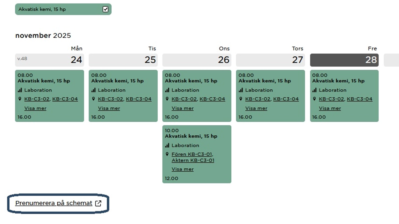 Ett utsnitt från studentwebbens startsida där länken för att börja prenumerera på schemat är markerad med en röd ruta.