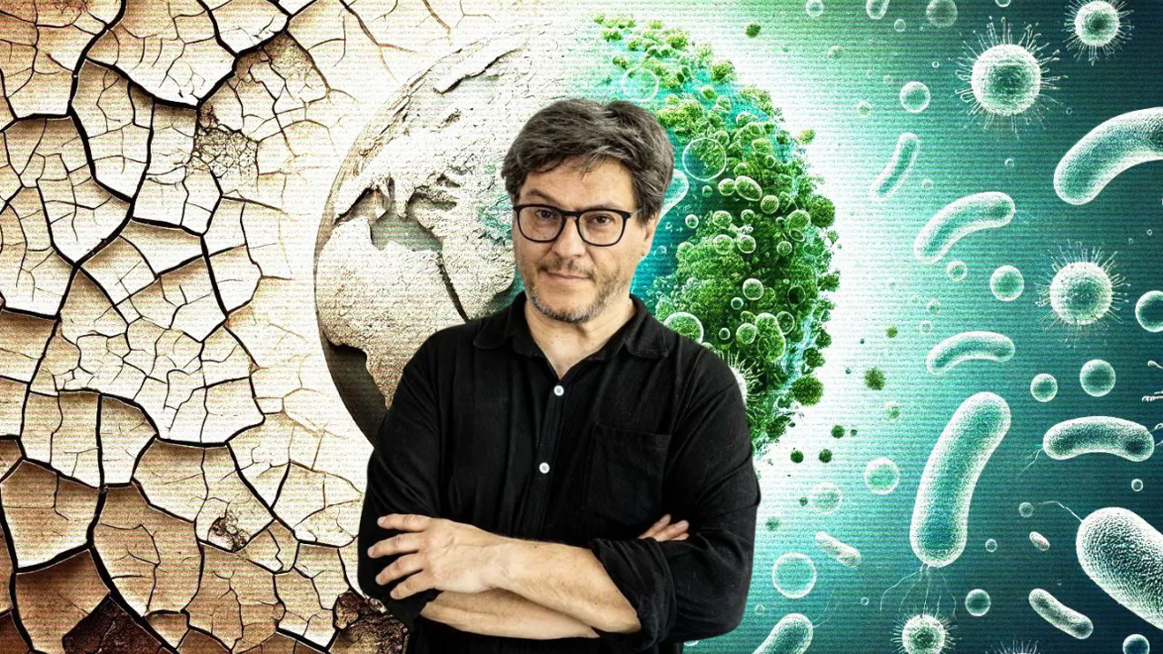 Ricard Solé, public speaker for the 15 year IceLab anniversary public lecture on terraforming ecosystems, seen here against an AI-generated backdrop depicting an arid ecosystem being transformed to a lush one thanks to synthetic organisms.