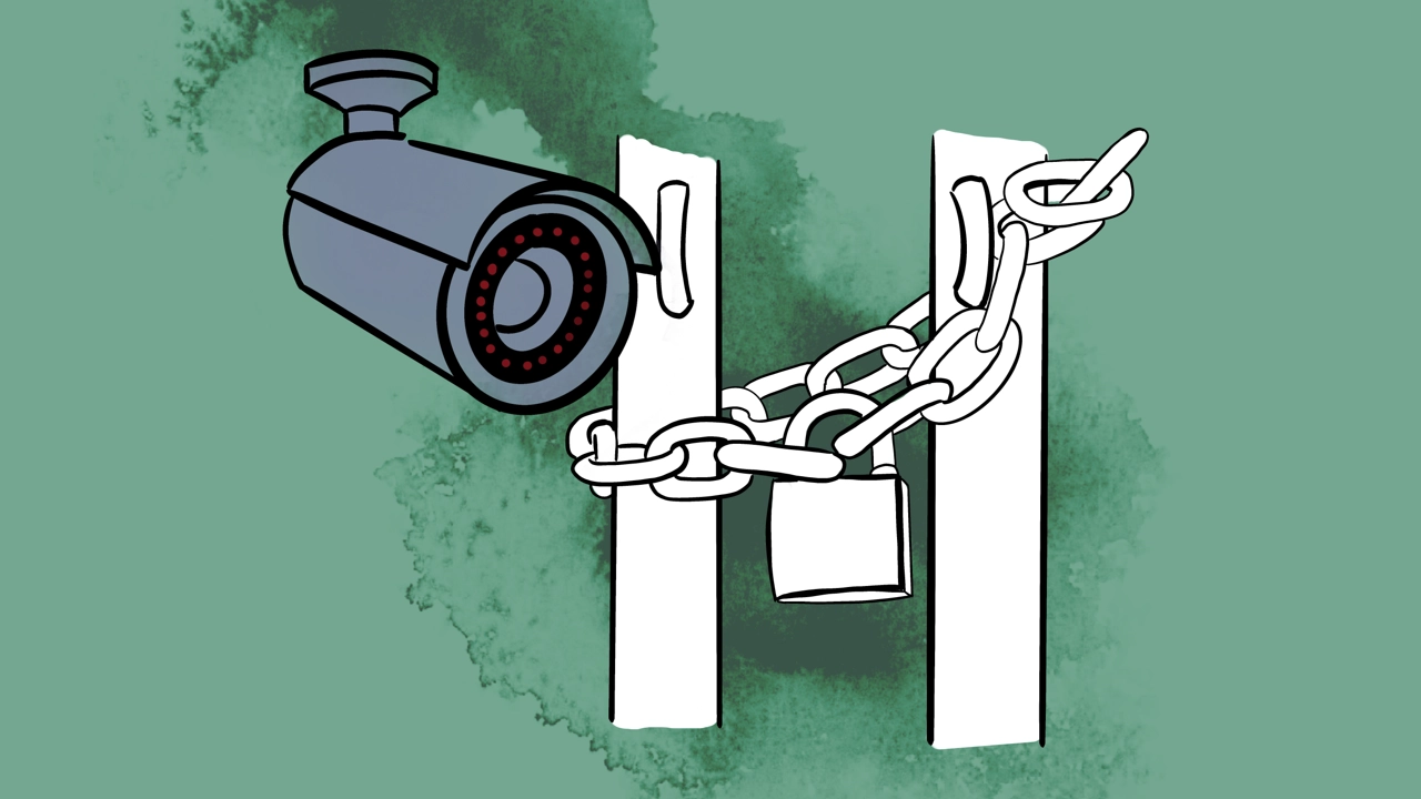 Illustration of a security camera and a door locked with a chain and padlock.