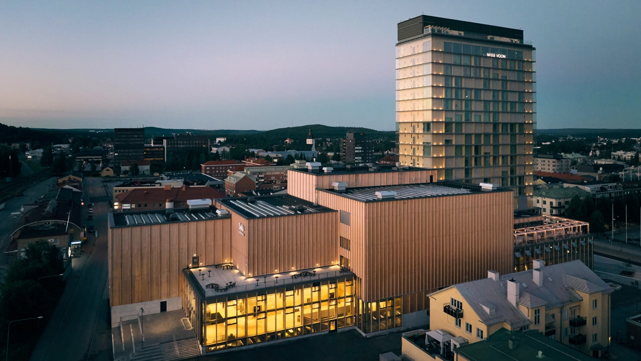 Sara cultural centre in Skellefteå in twilight.