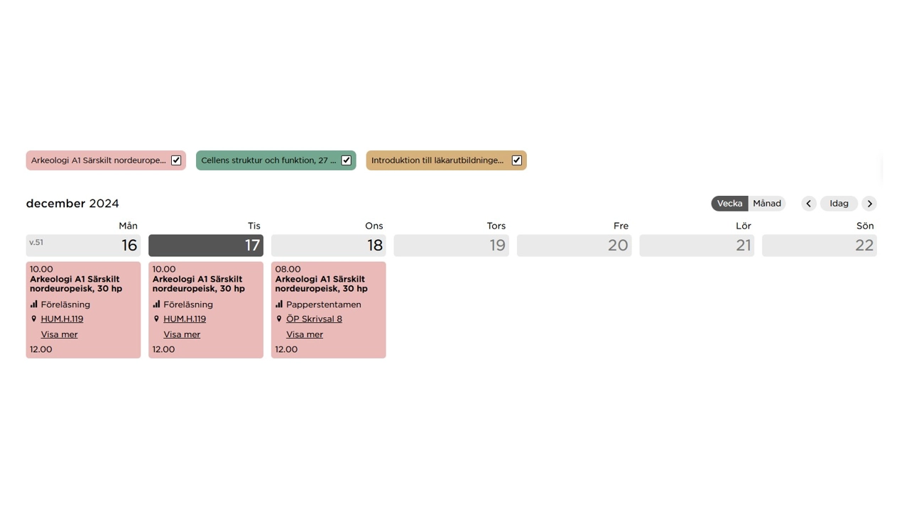 Schemavisning med veckodagar och datum i grått och tre aktiviteter som syns som rosa rutor med beskrivande text.