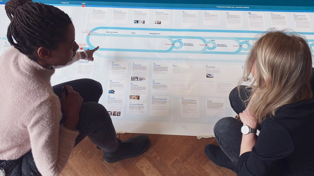 Foto på Sharon Williams och en blond kvinna framför en tavla med text och symboler