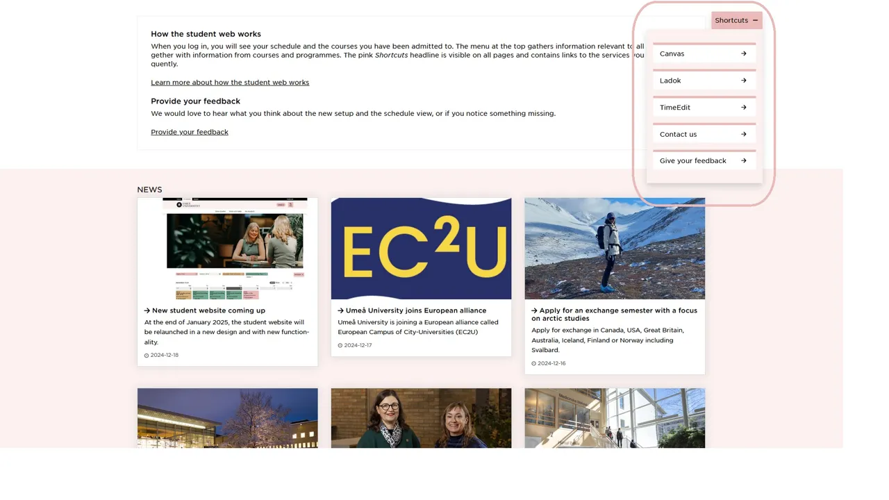 A web page on the student web, where the "Shortcuts" function is marked by a pink rectangle.