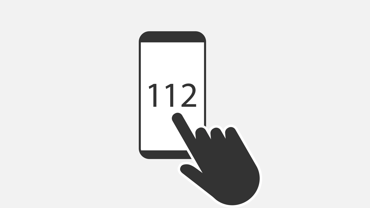 Illustration med ett finger mot en mobilskärm som visar nödnumret 112.