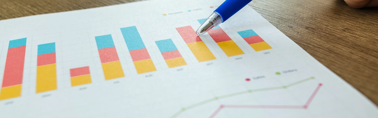 Statistik och stapeldiagram utpekade med penna
