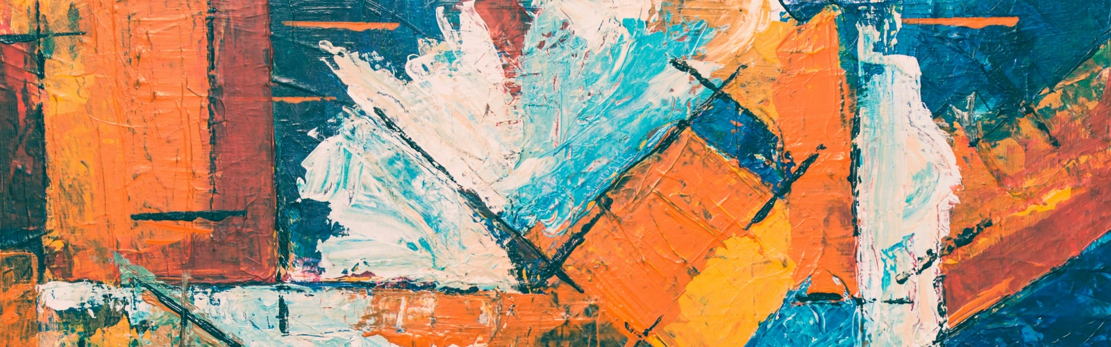 En abstrakt målning med blå, orange och gula färger.