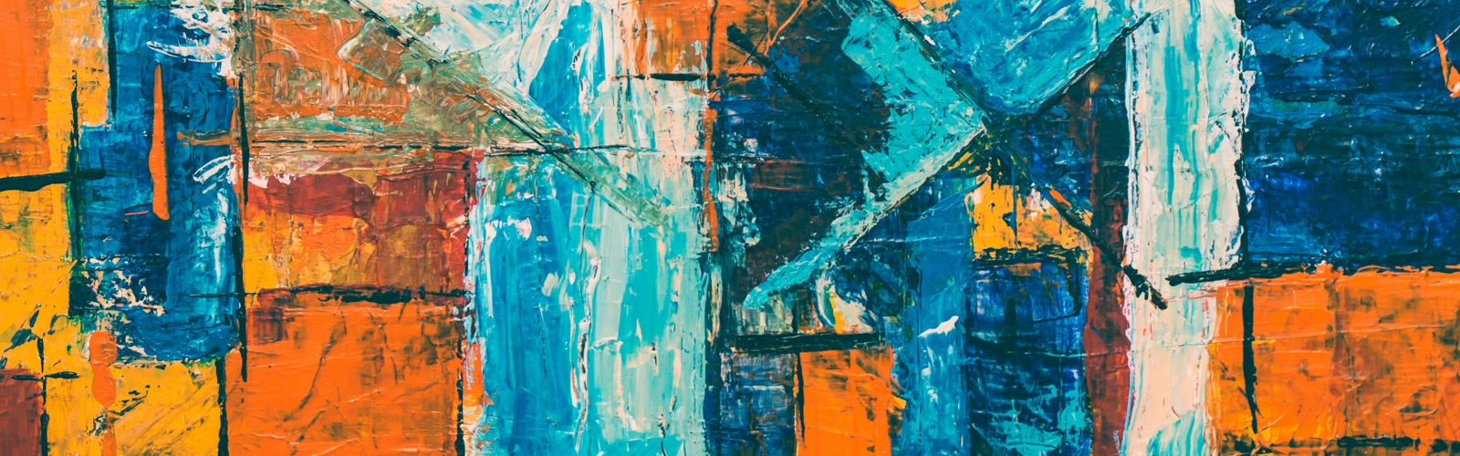 En abstrakt målning med blå, orange och gula färger.