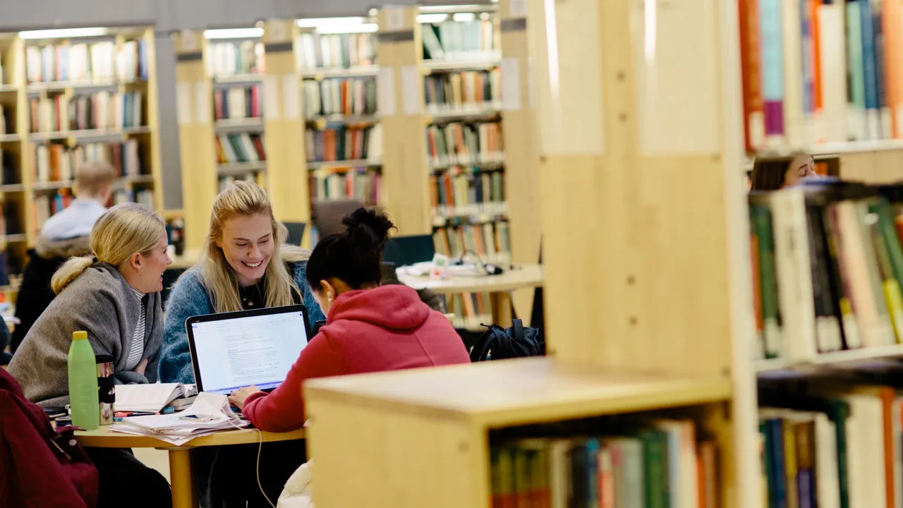Tre personer som sitter vid ett bord i biblioteket och pluggar. Runt bordet syns flera bokhyllor med böcker.