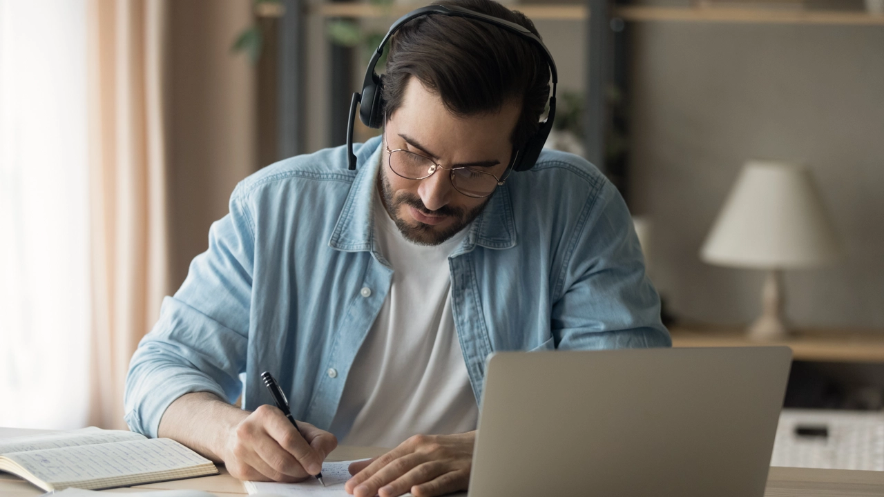 En man sitter vid ett bord med laptop och headset, böcker och antecknar i ett block.
