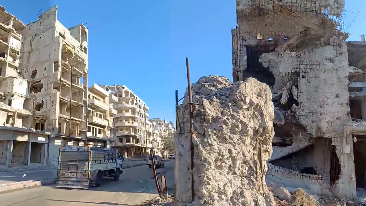 Torn/bombed buildings in city