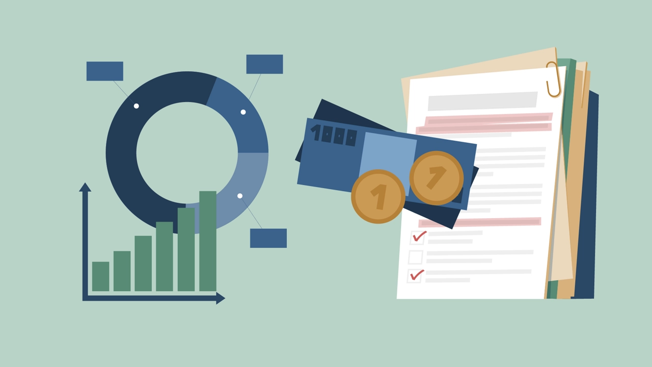 Illustration av pengar, siffror, diagram och rapporter. 