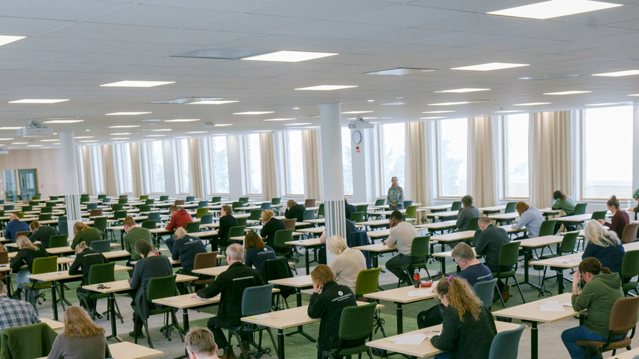 En tentamenssal full med skrivande studenter som koncentrerat fokuserar på sin tenta.