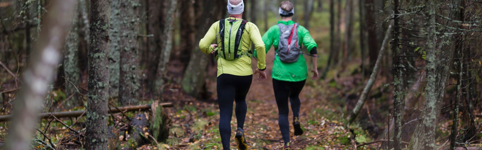 Två löpare i skogen på hösten