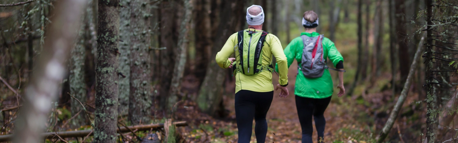 Två löpare i skogen på hösten
