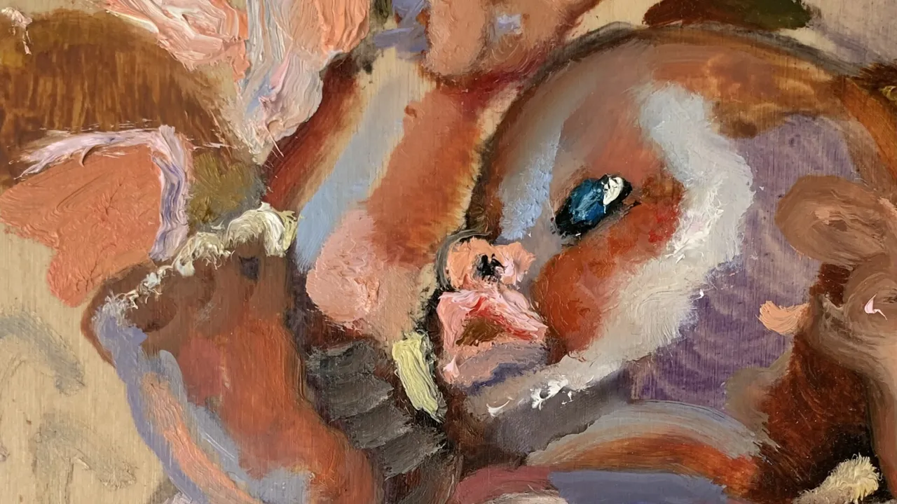 Målning i varma färger av detaljer av människokropp.