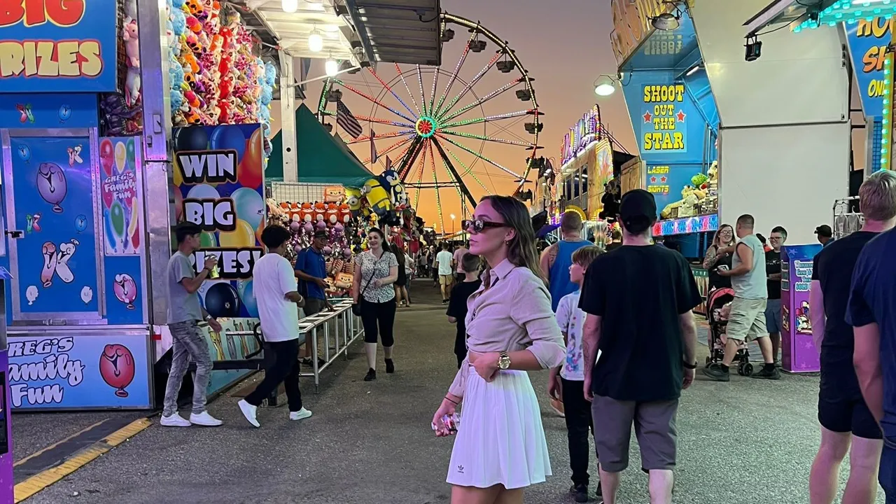 Gatuvy på en marknad med ett pariserhjul i bakgrunden. 