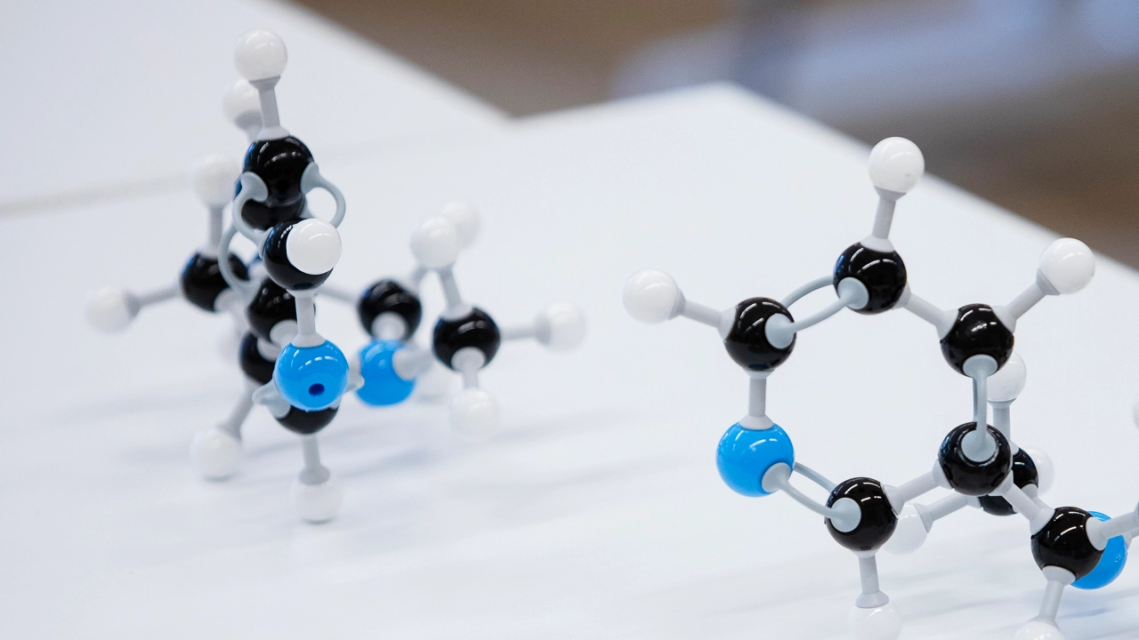 Bild på molekylmodeller i svart, vitt och blått