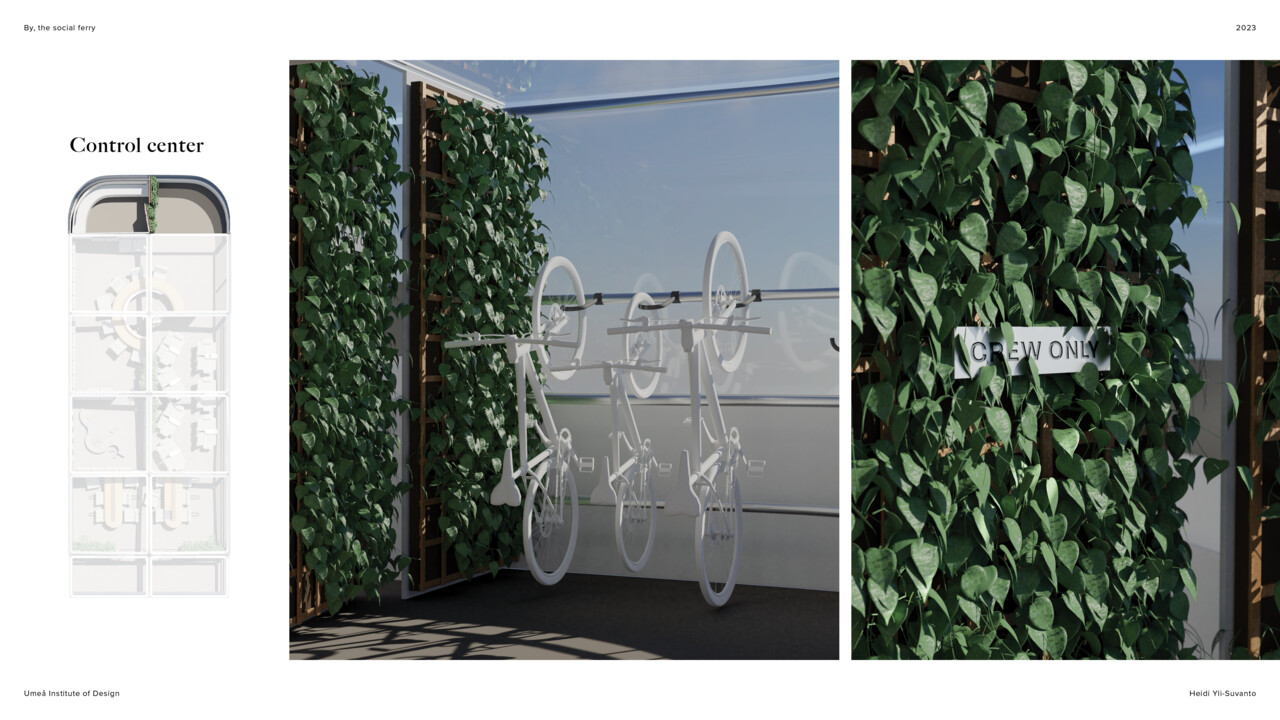 Storage area for equipment and control center at the front of the ferry.