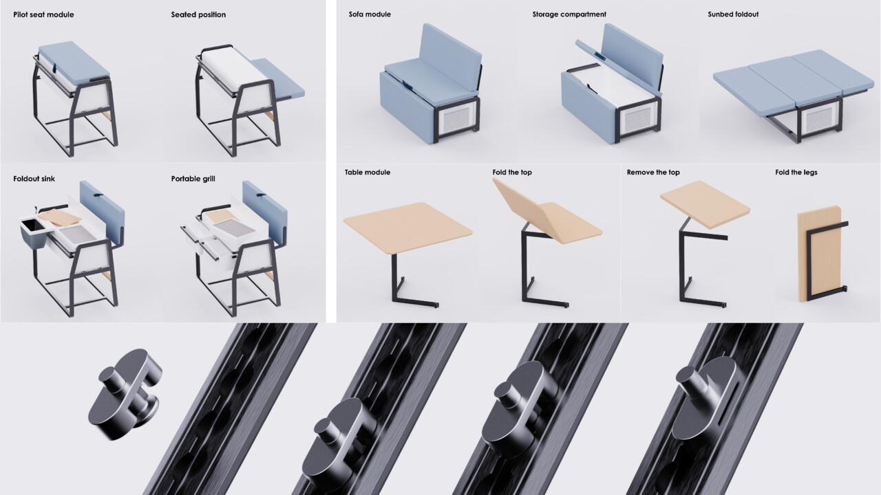 Top: the flexibility of the modules. Bottom: L-track locking system.