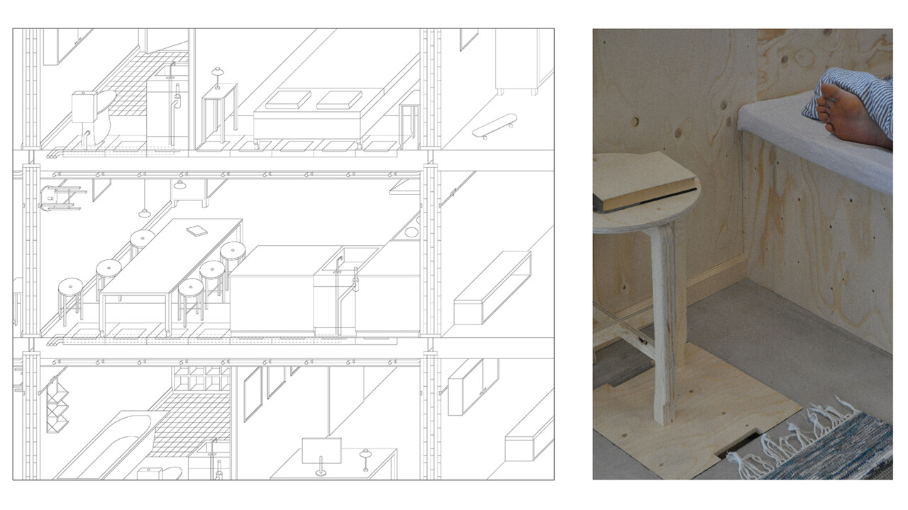 ”Reality stopped in motion with objects of varying degree of temporarity.” A domestic fiction from The pendulum of homemaking: Interface of home and objects (including humans) in a temporal built environment. Axel Gillblad, year 4 project, 2023.